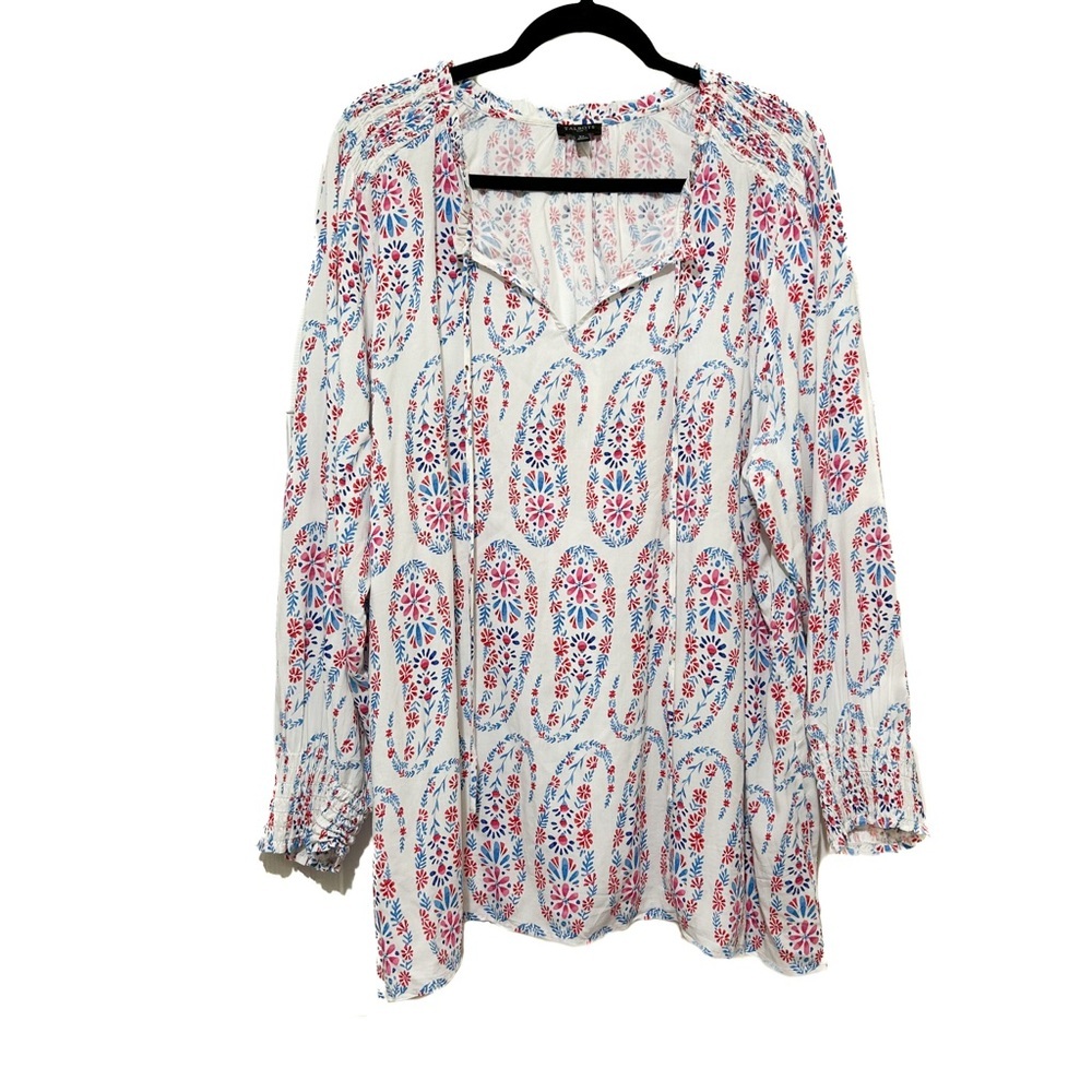Talbots Blouse Floral Paisley Smocked Resortwear Coastal White Blue Plus Size 3X